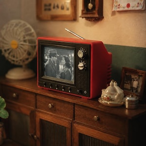 May include: A bright red television set with a black front panel and a silver antenna. The screen displays a black and white scene of a man in a hat and a woman. Two silver knobs are on the right side, with five small black buttons below the screen.