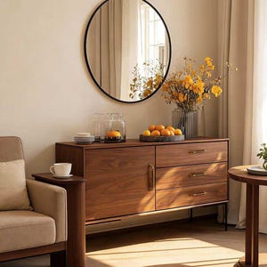 Può includere: Un salotto moderno con una credenza in legno, maniglie in ottone e uno specchio rotondo nero. La credenza espone un vaso di fiori gialli, una ciotola di arance e barattoli di vetro. Una tazza da tè bianca è su un tavolino.