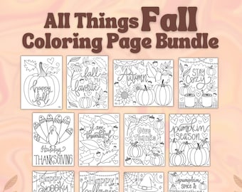 All Things Fall Bundle of Coloring Pages - Set of 12 - Hand Drawn - Boho Coloring Pages - Autumn Coloring Bundle + Halloween & Thanksgiving