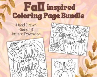 Fall Coloring Pages - Set of 3 - For Digital and Printable Use - Hand Drawn - Modern Coloring Pages - Autumn Coloring Sheets Bundle