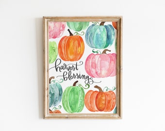 Inspirational Art Print "Harvest Blessings" / 8.5x11 inch art / Colorful home décor / Autumn Inspired / Pink Pumpkins / Watercolor Pumpkins