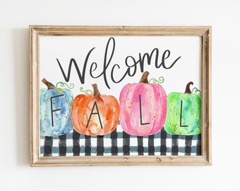 Inspirational Art Print "Welcome Fall" / 8.5x11 inch art print / Colorful home décor / Autumn Inspired / Pink Pumpkins / Watercolor Pumpkins