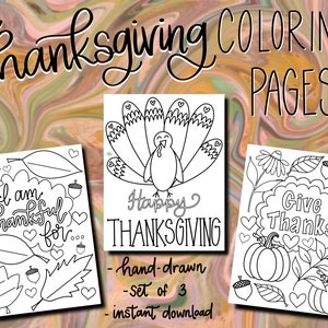 Thanksgiving Coloring Pages - Set of 3 - For Digital and Printable Use - Hand Drawn - Modern Coloring Pages - Give Thanks Coloring Bundle