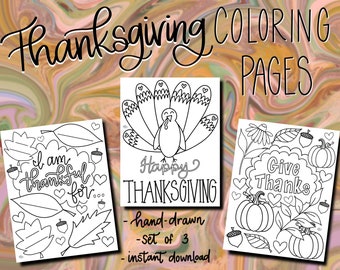 Thanksgiving Coloring Pages - Set of 3 - For Digital and Printable Use - Hand Drawn - Modern Coloring Pages - Give Thanks Coloring Bundle