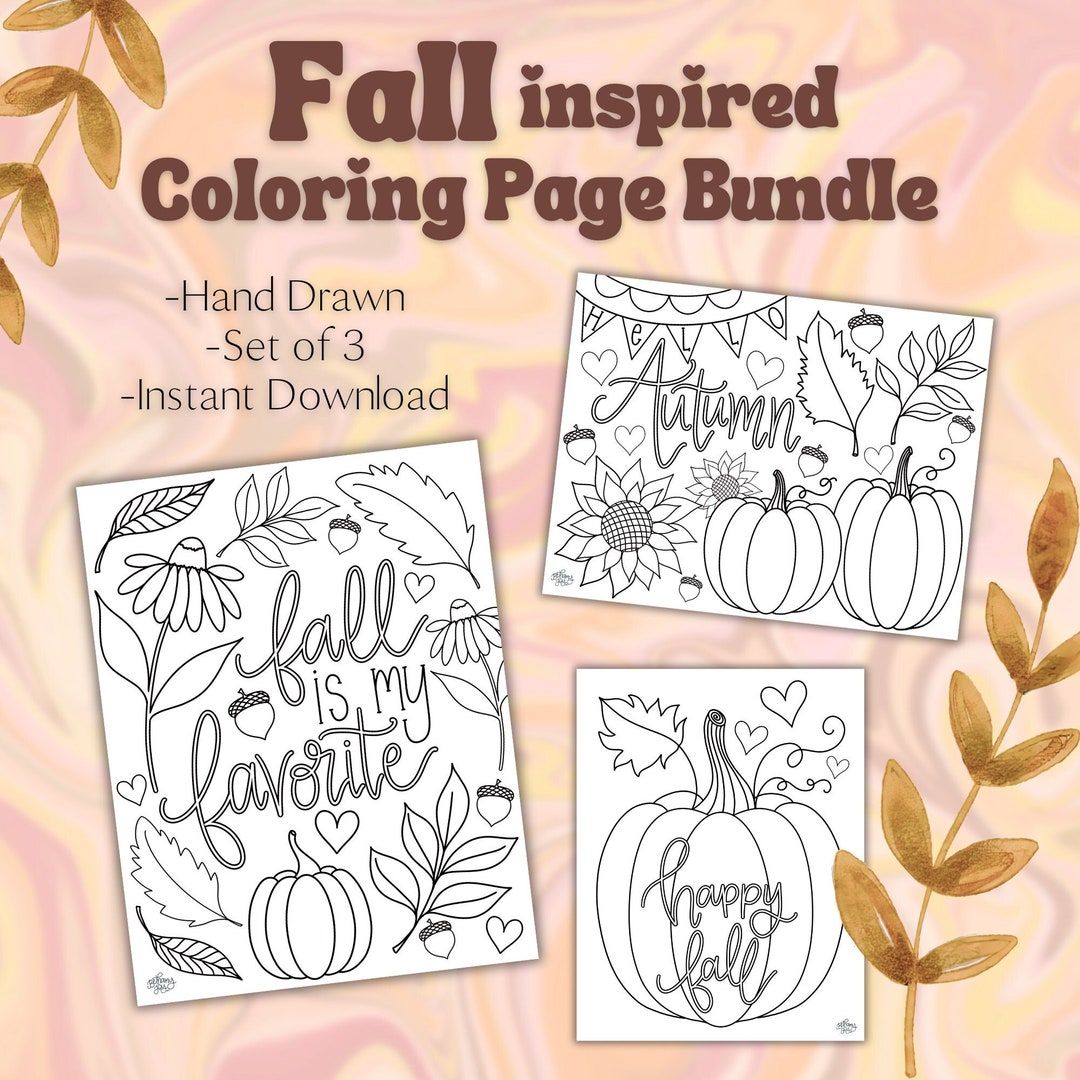Fall Coloring Pages - Set of 3 - for Digital and Printable Use - Hand ...