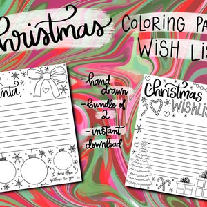 Páginas para colorear de lista de deseos de Navidad - Conjunto de 2 - Para uso digital e imprimible - Dibujado a mano - Páginas para colorear modernas - Lista de deseos de vacaciones