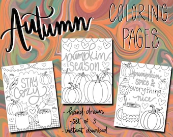 Autumn Coloring Pages - Set of 3 - For Digital and Printable Use - Hand Drawn - Modern Coloring Pages - Fall Coloring Sheets Bundle