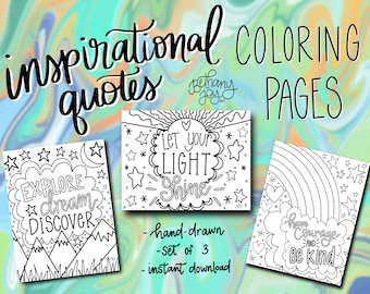 Inspirational Quotes Coloring Pages - Set of 3 - For Digital and Printable Use - Hand Drawn - Modern Coloring Pages