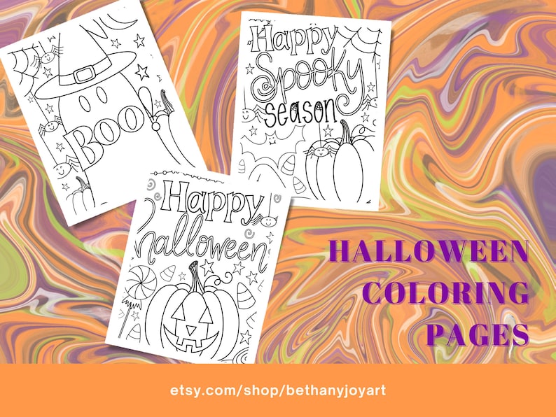 May include: Three black and white Halloween coloring pages. The first page features a ghost with a witch's hat and the word "BOO". The second page features a pumpkin with the text "Happy Spooky Season". The third page features a pumpkin with the text "Happy Halloween".