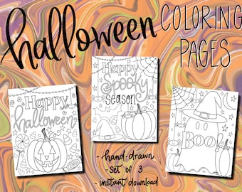 Halloween Coloring Pages - Set of 3 - For Digital and Printable Use - Hand Drawn - Modern Coloring Pages - Spooky Cute Coloring Pages