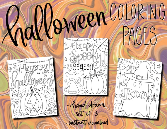 Halloween Coloring Pages - Set of 3 - For Digital and Printable Use - Hand Drawn - Modern Coloring Pages - Spooky Cute Coloring Pages