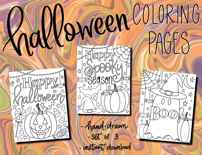 May include: Three black and white Halloween coloring pages. The first page features a pumpkin with a jack-o-lantern face and the text "Happy Halloween". The second page features a pumpkin and the text "Happy Spooky Season". The third page features a ghost with the text "Boo!" and a witch's hat.