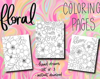 Floral Coloring Pages - Set of 3 - For Digital and Printable Use - Hand Drawn - Modern Coloring Pages - Flower Inspired Coloring Pages