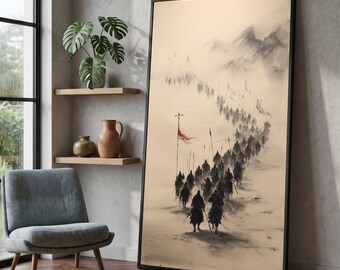 Schilderij van een oude krijger te paard, historische veldslagscène als wanddecoratie, kunstwerk van de Mistige Bergen, schilderij met zwarte inkt #0231