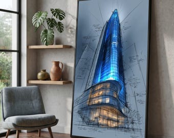 Modern Skyscraper Architecture Canvas, Urban Cityscape Wall Art, Blue Glass Building Illustration, Contemporary Home Decoration #0092