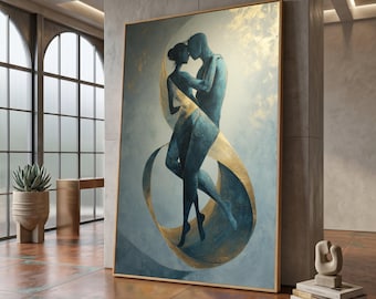 Embrace of Lovers Canvas Wall Art, Abstract Couple Silhouette, Romantic Blue and Gold Painting, Modern Love Home Decor #0864