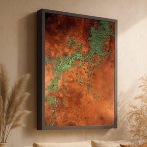 Abstrakcyjny rustykalny efekt tekstury miedzi na płótnie, efekt metalicznej zielonej patyny, wystrój industrialny, nowoczesne rustykalne płótno, wydruk artystyczny na metalu nr 0155