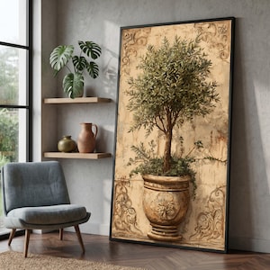 Quadro decorativo elegante com oliveira, pintura vintage de vaso de plantas, tela botânica rústica, decoração verdejante para casa, obra de arte da natureza #1081