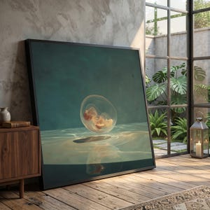Burbuja de cristal flotante surrealista, lienzo abstracto con reflejo de luz, arte mural minimalista moderno, decoración contemporánea para el hogar, obra de arte etérea #0081