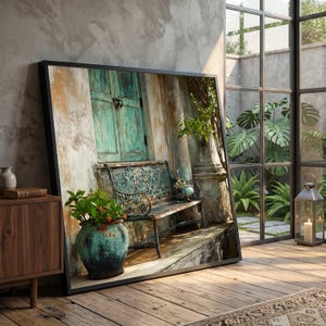 Tela rústica vintage com banco de jardim, arte de parede com porta azul desgastada, decoração antiga para pátio externo, tela encantadora com cena da natureza #0897