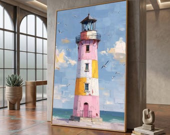 Colorful Coastal Lighthouse Canvas, Seaside Wall Art, Ocean View Painting, Nautical Home Decor, Seagulls Sky Canvas #0073