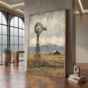 Rustikale Texas-Windmühle auf Leinwand, Wandbild im Landhausstil, Vintage-Westernlandschaft, Scheune und Feld auf Leinwand, Rustikale Wohndekoration #1123