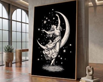 Vintage Moonlight Dance Canvas, Celestial Woman Art, Starry Night Wall Decor, Mystical Lunar Canvas #0120