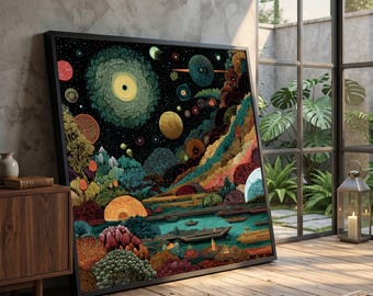 Paisaje cósmico surrealista, arte mural de naturaleza fantástica, escena espacial abstracta, ilustración planetaria colorida, decoración psicodélica para el hogar #0824