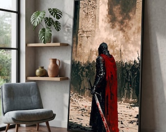 赤いケープをまとったダークナイト、中世の戦士のキャンバス、戦闘シーンの壁画、ファンタジーアーマーのキャンバス、ドラマチックな戦闘イラスト #0419