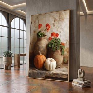 Rustiek herfststilleven op canvas, pompoendecoratie met terracotta potten en rode geraniums, vintage boerderijstijl wanddecoratie, herfstdecoratie #0902
