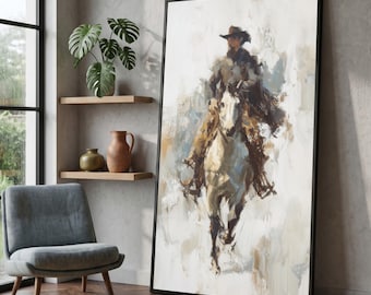 Westerse cowboy te paard, abstracte rustieke muurdecoratie, schilderij met westernmotief, paardensport canvas kunst, moderne landelijke decoratie #0685