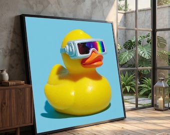 Retro Rubber Duck Canvas Wall Art, Futuristic Sunglasses Decor, Quirky Yellow Bath Toy Print, Fun Pop Art Canvas #0756