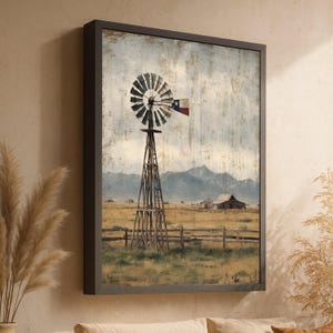 Rustic Texas Windmill Canvas, Country Farmhouse Wall Art, Vintage Western Landscape, Barn and Field Canvas, Rustic Home Decoration #1123