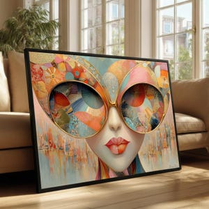 Abstract Woman Portrait Canvas, Colorful Sunglasses Wall Art, Modern Decorative Canvas, Contemporary Face Art, Stylish Home Decor #1027