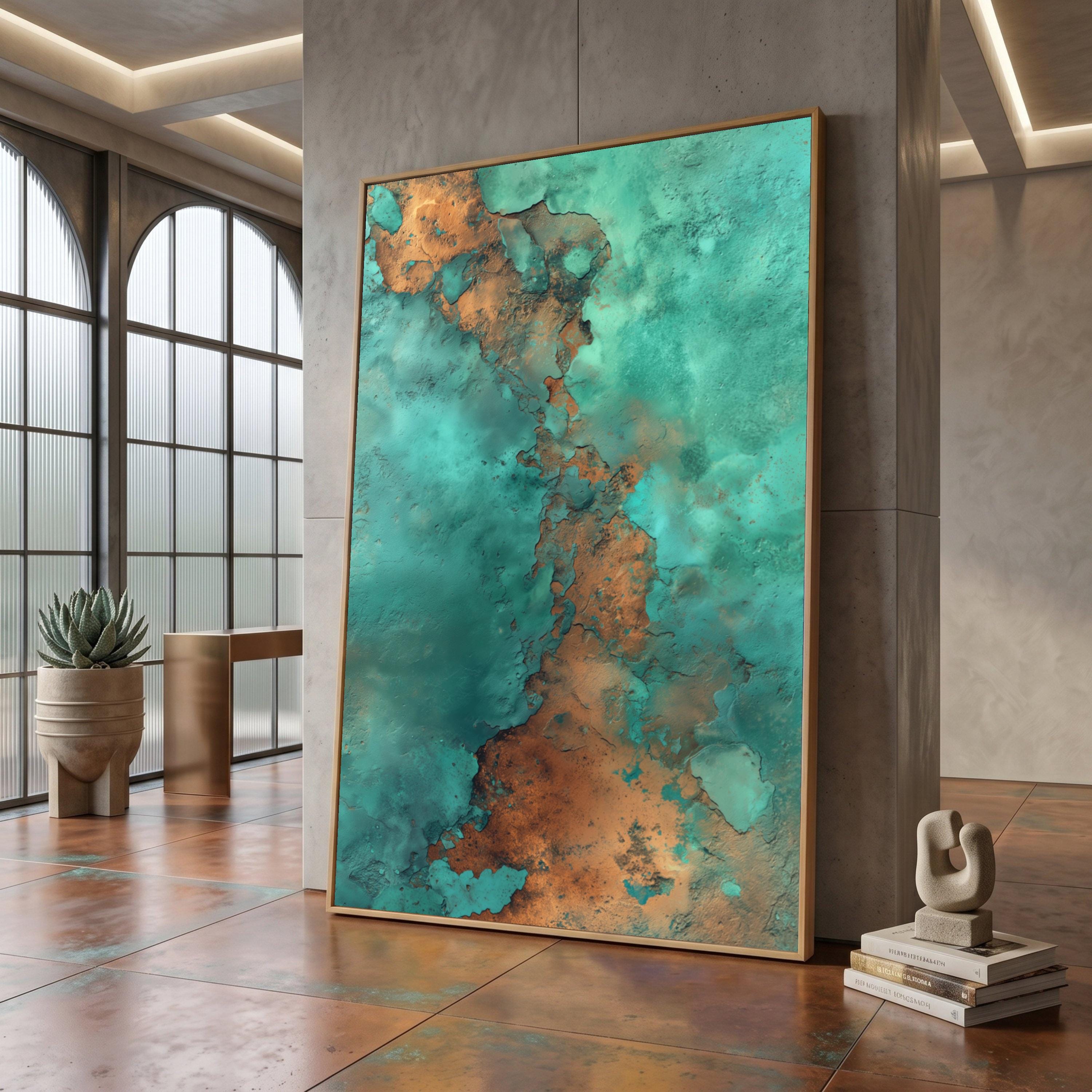Abstract Patina Copper Canvas Wall Art, Turquoise Blue Green