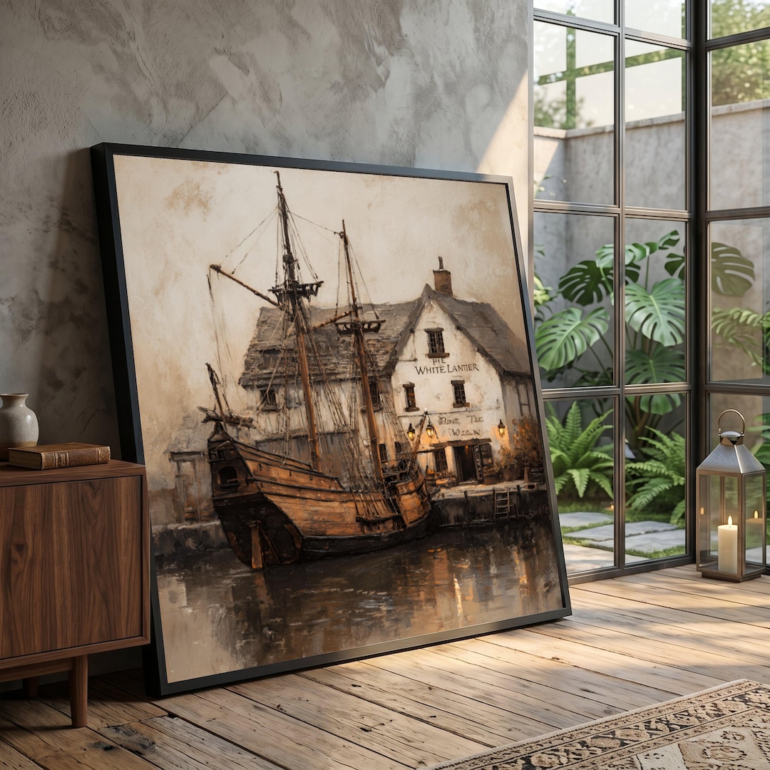 Vintage Harbor Scene Canvas, Old Wooden Ship Wall Art, Rustic Seaside ...