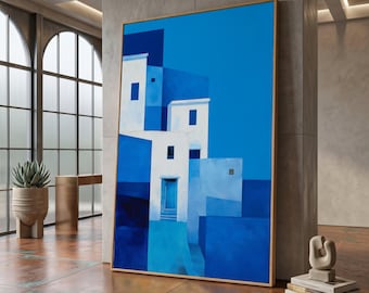 Abstract Mediterranean Architecture Canvas, Blue and White Wall Art, Minimalist Geometric Home Decor, Coastal Style #0536