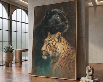 Tela com retrato majestoso de onça-pintada e pantera-negra, arte de parede com animais selvagens, decoração para casa com grandes felinos exóticos, tela estilo safari #0323