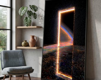 Illuminated Gateway Canvas Wall Art, Neon Light Portal, Abstract Space Reflection, Modern Digital Art Canvas, Futuristic Home Decor #0035