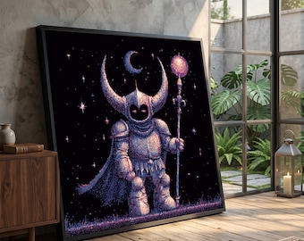 Cosmic Knight Pixel Art Canvas, Fantasy Armor Wall Art, Space Mage Illustration, Retro Game Style Canvas, Mystical Home Decoration #0760