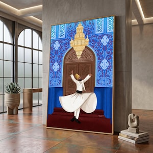 May include: A framed artwork depicts a whirling dervish in a white robe and yellow hat, set against a backdrop of a blue and gold ornate interior. A large chandelier hangs above a wooden door. The artwork is framed in a gold-colored frame.