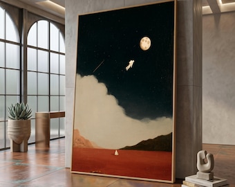 Surreal Astronaut Moon Canvas, Space Exploration Wall Art, Cosmic Night Sky, Dreamscape Landscape Canvas #0393