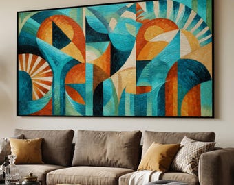 Cuadro abstracto geométrico sobre lienzo, formas modernas en azul y naranja, decoración contemporánea para el hogar, lámina artística, elemento decorativo para la sala de estar #0814