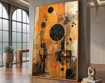 Lienzo abstracto "Armonía Solar", arte mural geométrico moderno, arte contemporáneo en naranja y negro #0025