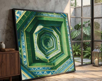 Geometric Tunnel Illusion Canvas, Green Blue Mosaic Wall Art, Abstract Hexagonal Passage, Optical Illusion Artwork #0185
