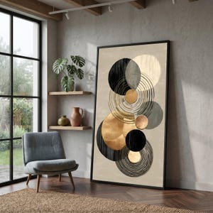 Modern Geometric Circles Canvas, Abstract Wall Art, Gold and Black Shapes, Contemporary Home Decor, Canvas Painting #0608