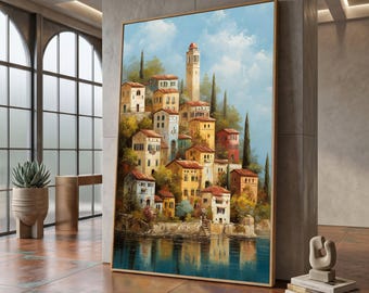 Mediterranean Village Canvas Wall Art, Coastal Town Landscape, Rustic Architecture Painting, Italian Coastline Decor, Water Reflection #0591