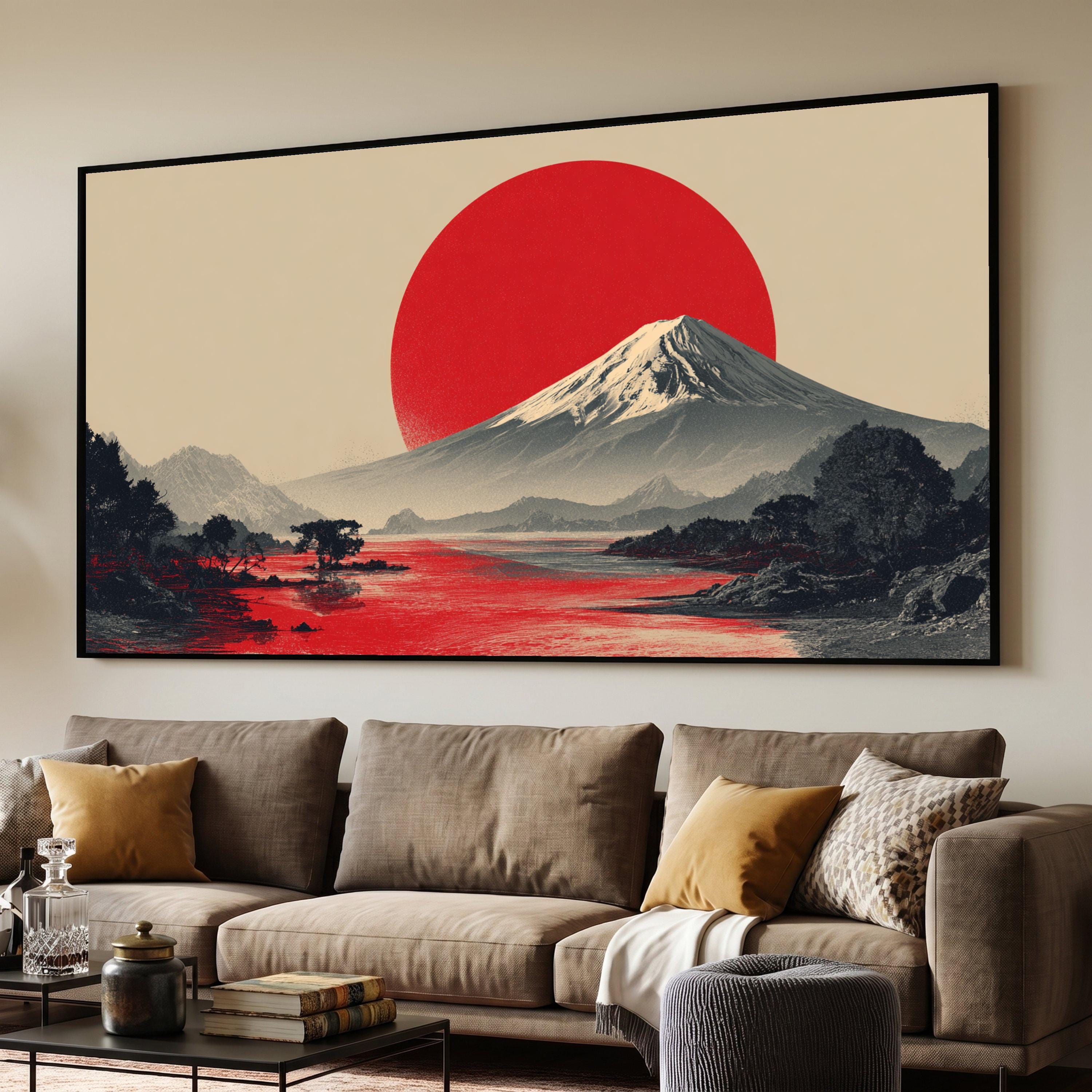 Mount Fuji With Red Sun Canvas, Japanese Landscape Wall Art
