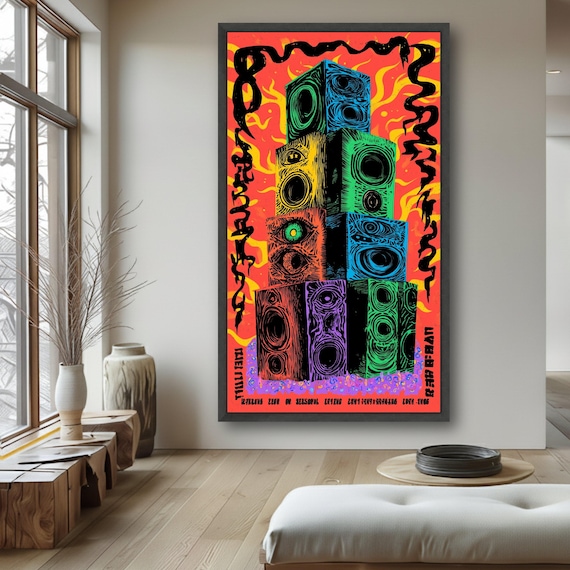 Vibrant Abstract Speakers Stack Canvas, Psychedelic Music Art
