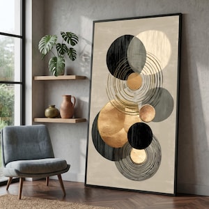 Modernes geometrisches Kreisbild auf Leinwand, Wandkunst mit goldenen Akzenten, abstrakte Formen auf dekorativer Leinwand, zeitgenössische Wohndekoration #0608
